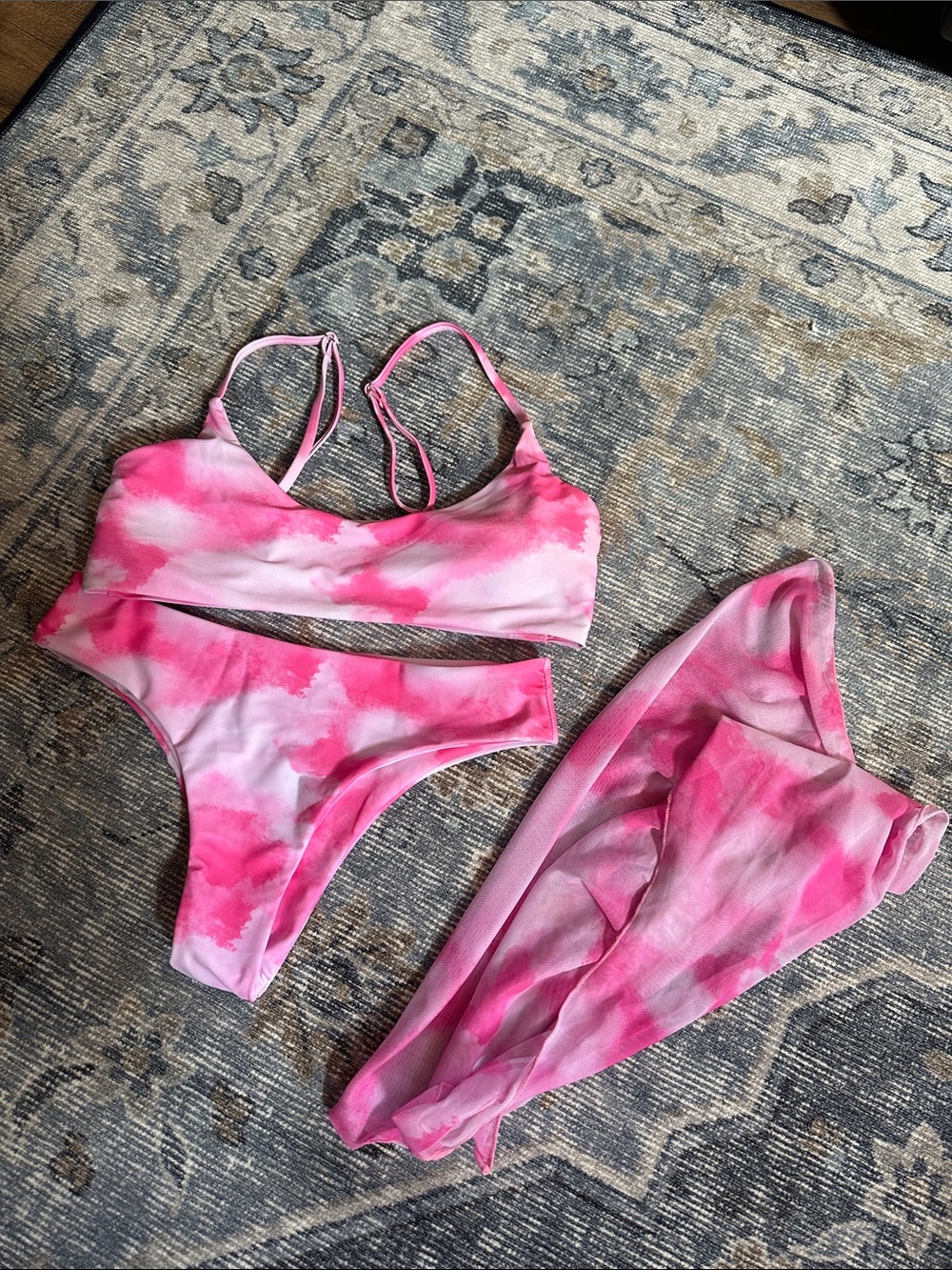3 Piece Pink Tie-Dye Bikini Set with Matching Cover-Up